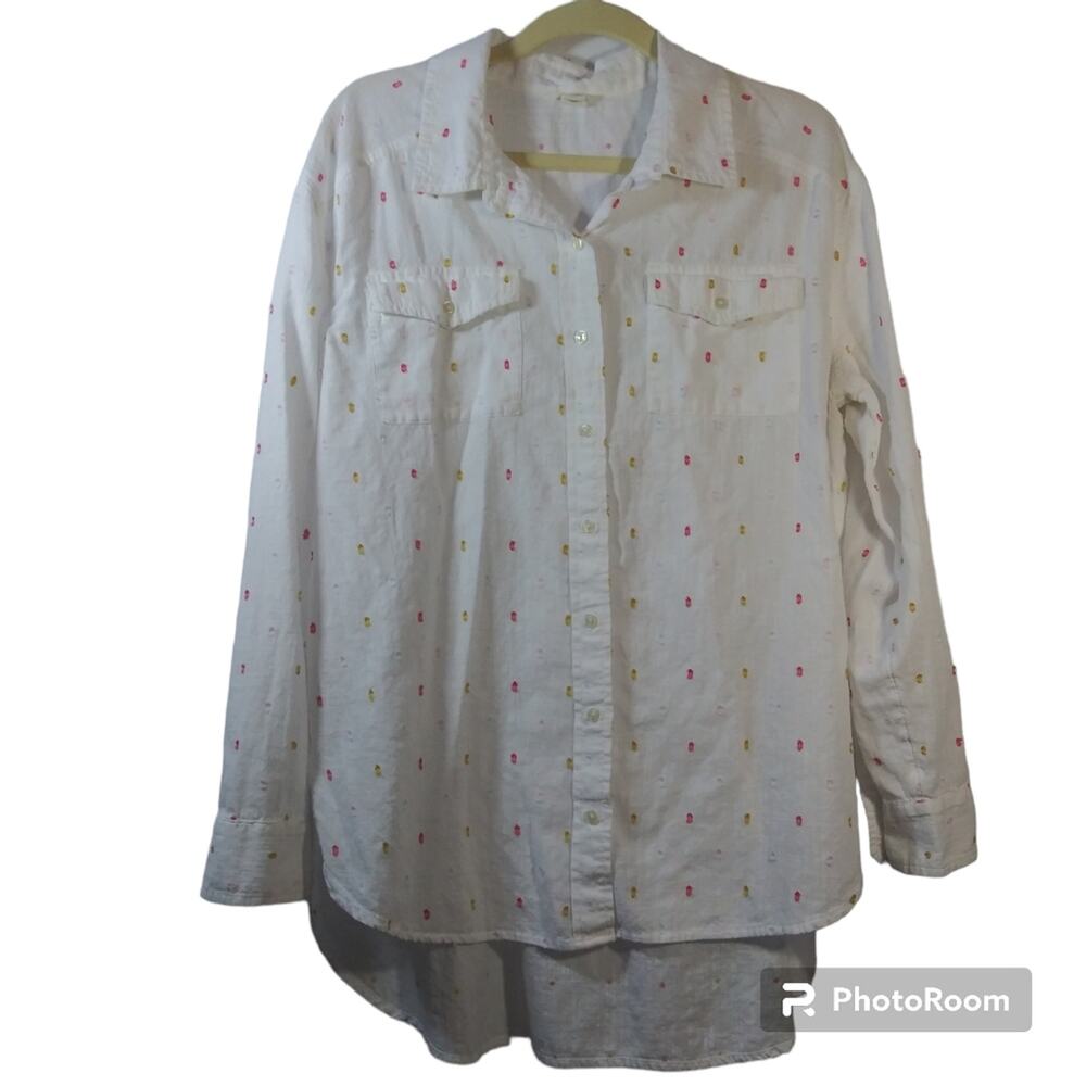 Caslon White Multi Color Polka Dot Button Front Casual Top Size L